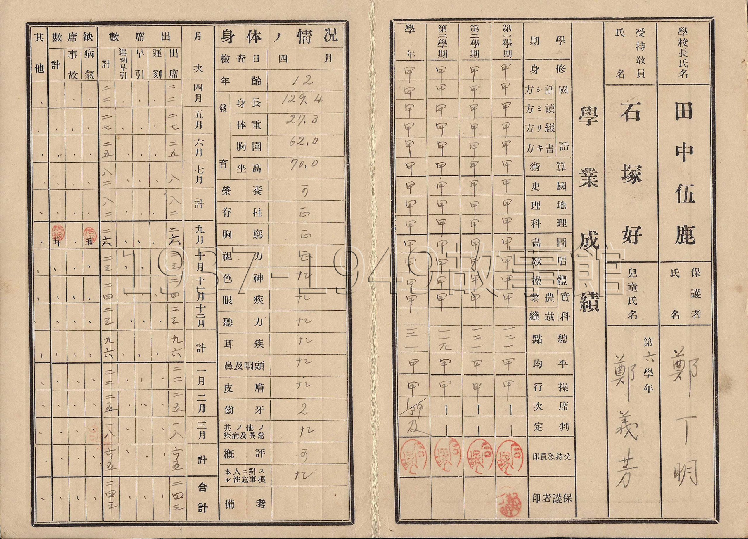 圖三 1939年鄭義芳新北勢公學校第六學年成績通知簿內頁。