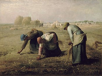 圖三 法國畫家米勒（J. F. Millet）1857年作品。畫作以舊約聖經記載為藍本，描繪收割後，貧苦婦女撿拾田裡遺留穗粒果腹的情況。（https://zh.m.wikipedia.org/zh-hk/拾穗）