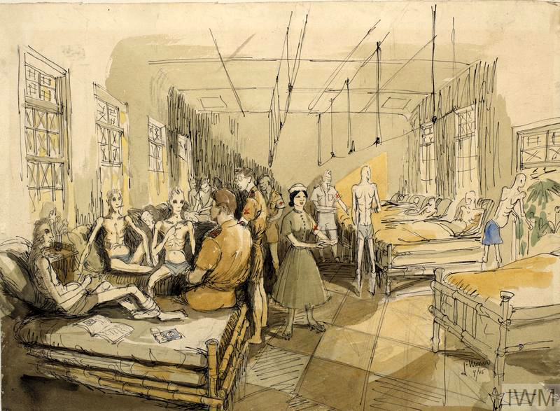 圖一 二戰日軍投降後，1945年9月7日的基隆軍醫院病房裡，醫生及護士照料骨瘦如柴的病人，他們是獲釋後等待返家的盟軍戰俘。（© IWM Art.IWM ART LD 5538，英國戰爭博物館收藏繪本）