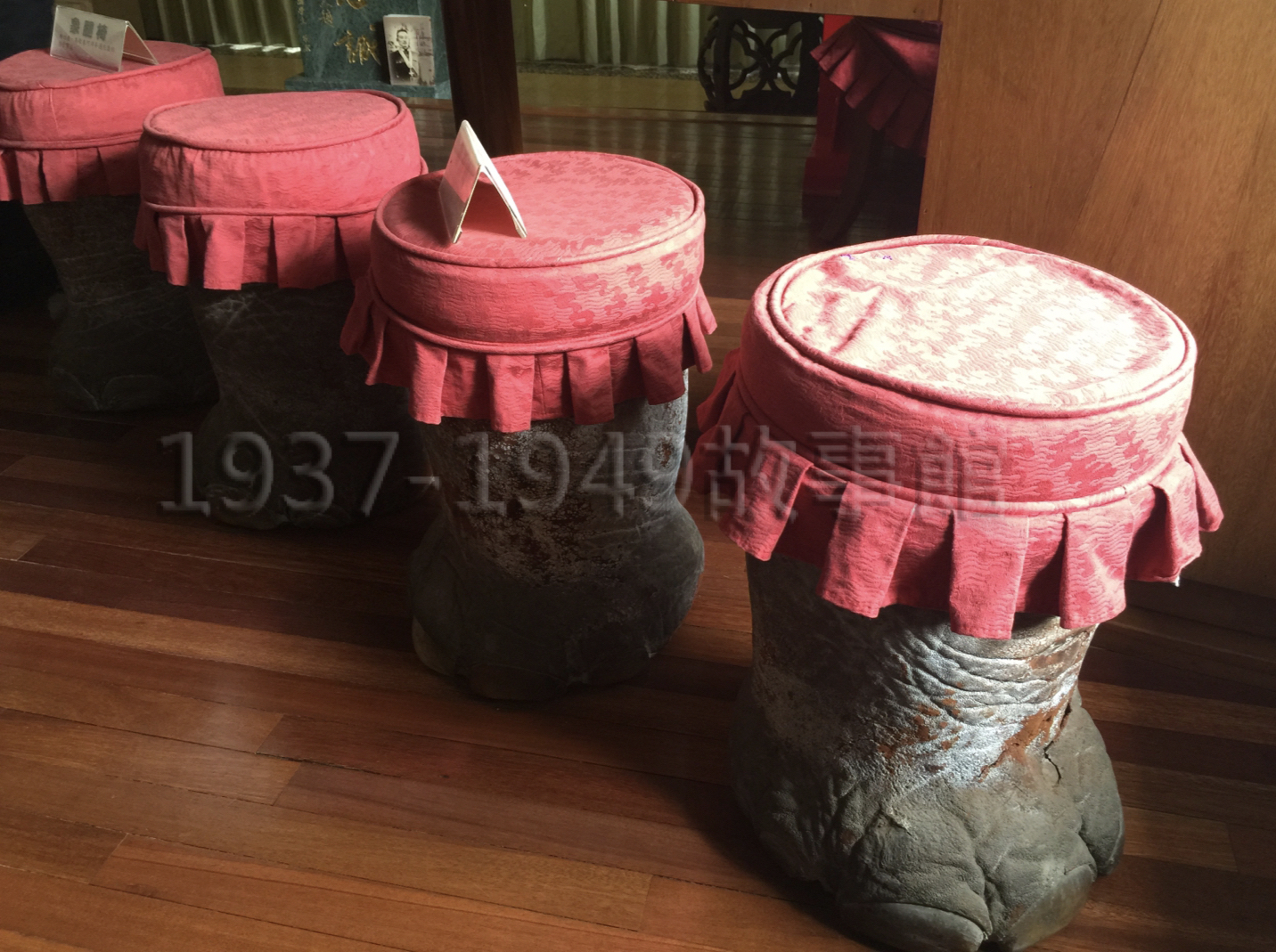 圖二　大象阿蘭的四個腳墩製作成象腿椅凳，擺設在台中寓所書房長年陪伴孫立人將軍。（1988，台中，羅廣仁攝）