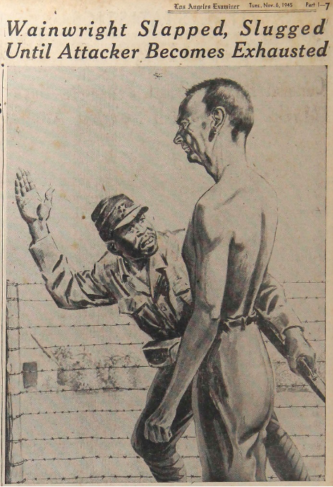 圖一 美軍駐菲律賓總司令溫萊特中將（Jonathan Wainwright）中將在花蓮戰俘營被日本哨兵毆打插畫，由漫畫家Paul Frehm依據溫萊特的描述所繪，刊登於 ’Los Angeles Examiner’ 1945年11月6日第7版。