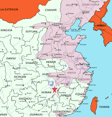 圖一 長沙（紅星標示處）會戰之前，中國京漢鐵路、粵漢鐵路以東地區大部已被日軍佔領 （維基百科）