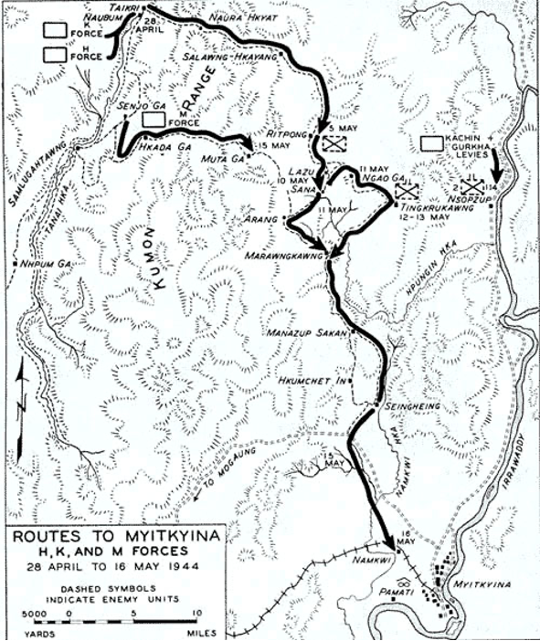 圖四　密支那（Myitkyina）進攻路線圖。圖中的「Kumon Range」是枯門嶺，又名野人山，是遠征軍往來印度、緬甸與中國的路線之一。根據此圖，和日軍打的第一仗在「Ritpong」（常譯作雷班、雷邦），第二仗在「Tingkrukawng」（常譯作丁克路高）。（https://ww2db.com/image.php?image_id=4776）