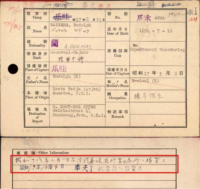 圖八 荷蘭爪哇總參謀長貝克斯（Rudolph Bakkers）少將的銘銘票 （記載戰俘個人及親屬被拘留及轉移資料的卡片）記載從白河轉營至奉天的紀錄。