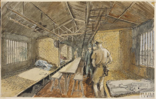 圖一 日軍戰敗後的1945年9月7日，英國軍官參觀基隆附近的戰俘營住宿區（應為金瓜石戰俘營）。（© IWM Art.IWM ART LD 5527，英國戰爭博物館Imperial War Museums） 