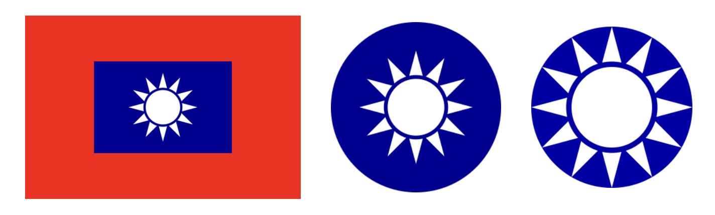 圖三、四、五　青天白日的國徽在旗幟正中間的是中華民國陸軍旗（圖三）。你能分辨國徽、黨徽究竟有何不同嗎（圖四、圖五）？（來源：維基百科1、2、3）