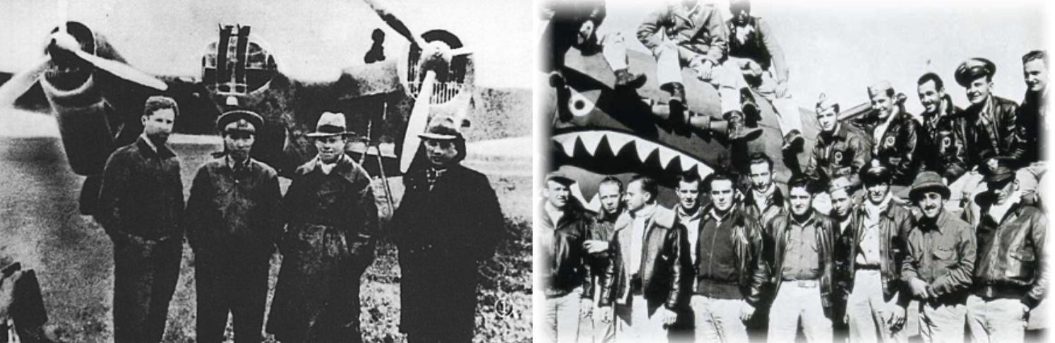 圖七、八 蘇聯航空志願隊飛行員在漢口機場的SB轟炸機前合影（左）。中華民國美籍志願大隊（綽號飛虎隊）飛行員與P-40戰鬥機合影（右）。（來源：維基共享資源1、2）